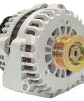 Remanufactured alternator with high quality bearings and double lip seals for low friction and quiet operation, front view