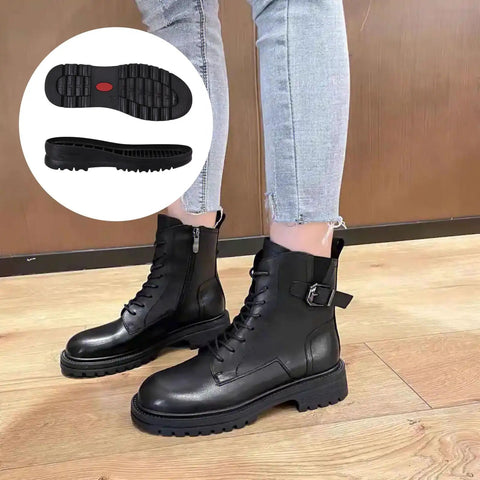 Replacement Rubber Full Outsole For Leather Shoes Non Slip Wear Resistant Black 1 Pair Size 9.8cm Wide 25.5cm Long 4.4cm Thick Durable Shoe Sole Replacement For Dress And Casual Shoes showing installed on boots.