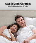 Couple enjoying comfort on Queen Bed Frame With Upholstered Linen Striped Headboard And Adjustable Height wood slat support.