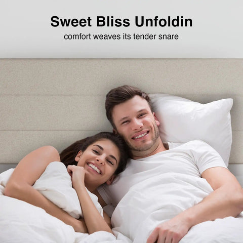 Couple enjoying comfort on Queen Bed Frame With Upholstered Linen Striped Headboard And Adjustable Height wood slat support.