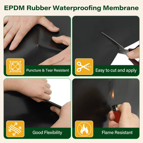 EPDM Rubber Waterproofing Membrane being cut, showcasing heavy duty peel and stick quality for RVs, sheds, and garages.