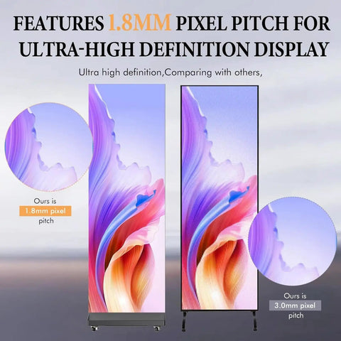 No Hassle Plug And Play 80 Inch Vertical Led Display, Floor Standing Digital Signage Screen, comparison of 1.8mm and 3.0mm pixel pitch.