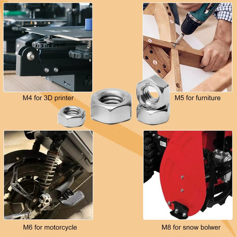 50 Pack M6 Hex Nuts Stainless Steel 304 With Hex Drive Metric M6x1 Threads DIN934 Right Hand Replacement Fasteners shown with usage examples.