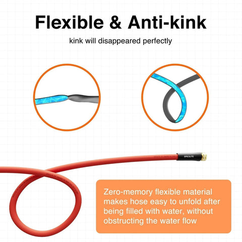 SPECILITE red rubber garden hose with brass fittings, flexible and kink-resistant, front view