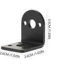 Black metal right-angle motor mounting bracket in angled view, vertical plate with central and two side holes for 25mm DC gear motors