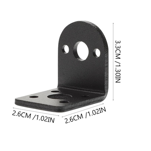 Black metal right-angle motor mounting bracket in angled view, vertical plate with central and two side holes for 25mm DC gear motors