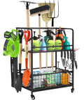 Garden Tool Organizer With Wheels Rugged Heavy Duty Metal Shelf Garage Tool Storage Rack With Hooks For Yard And Garden Large Capacity Utility Organizer For Shovels Rakes Cans Brooms Mops loaded with tools