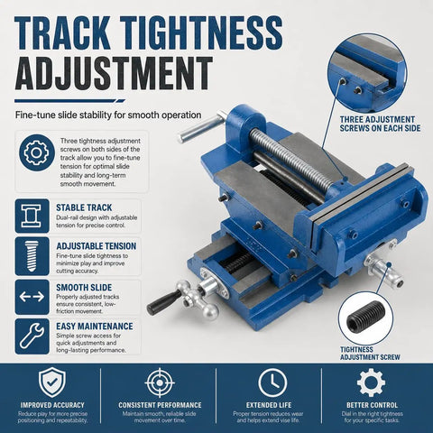 Heavy Duty Cross Slide Drill Press Vise Featuring Rock Solid Cast Iron Body And Smooth Operating Jaws For Precision Milling Tasks and Heavy Shop Grind Built Tough for Serious Jobs, showing track adjustment features.