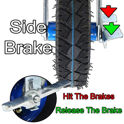 Side view of brake on Heavy Duty Caster Wheels With Pneumatic Rubber Tires Top Plate Swivel Double Ball Bearing 8 Inch Or 10 Inch Size
