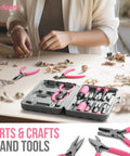 11 Piece Pink Womens Compact Crafts And Home DIY Tool Kit Set With Pliers Cutters And Precision Screwdrivers For Ladies Ideal For Quick Home Repairs And Craft Projects displayed on a table