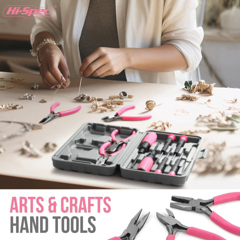 11 Piece Pink Womens Compact Crafts And Home DIY Tool Kit Set With Pliers Cutters And Precision Screwdrivers For Ladies Ideal For Quick Home Repairs And Craft Projects displayed on a table
