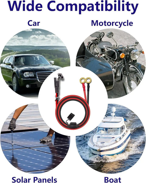 Beefy Two Pack 10 AWG 2 Foot SAE To O Ring Terminal Quick Disconnect Charger Cable for car, motorcycle, solar panel, boat.