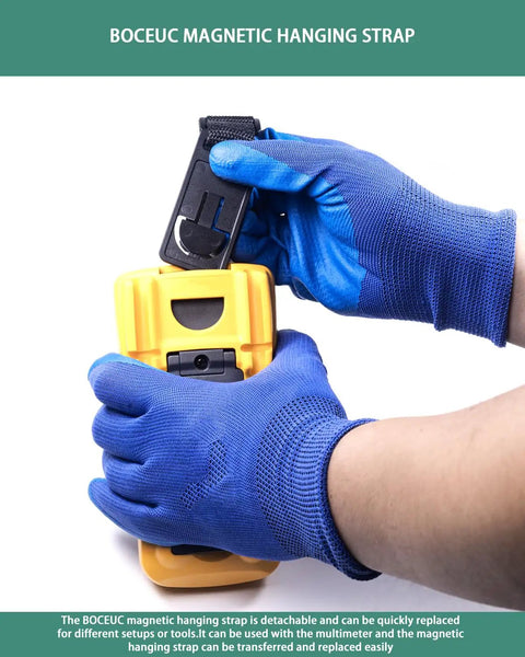 Hands attaching Magnetic Hanging Strap For Fluke Multimeters And 115 116 117 175 177 179 15B Plus 17B Plus 18B Plus 87V 287 289
