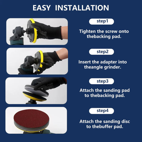 Installation steps for 4 Inch Angle Grinder Sanding Discs Kit With Cushion Pads And Backing Pad, 100 Piece Adhesive Sandpaper Discs