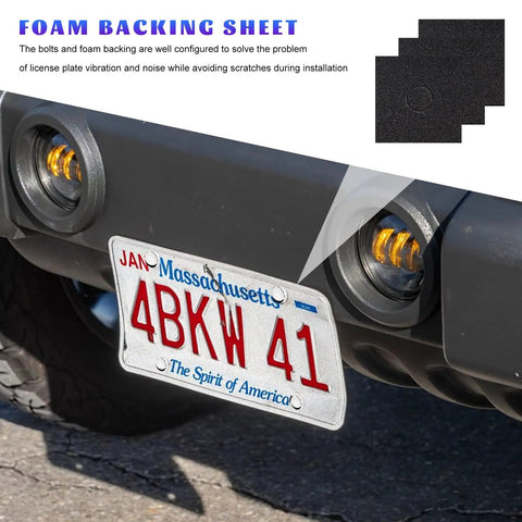 Heavy Duty Anti Theft License Plate Screw Kit with foam backing sheet preventing license plate scratches during installation.