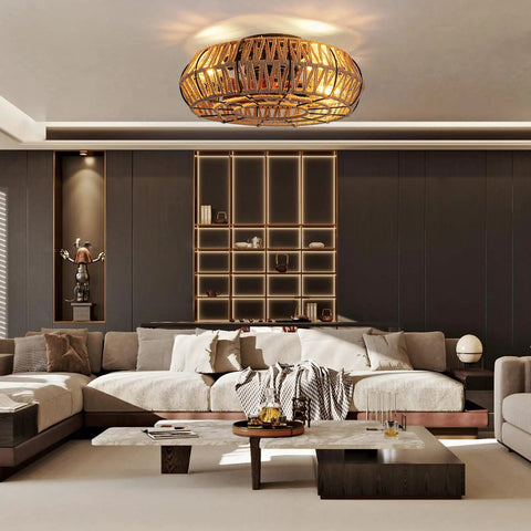 20 Inch Caged Farmhouse Ceiling Fan With Light Remote Control Low Profile Flush Mount Enclosed Design in living room