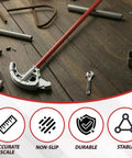 1 Inch Aluminum EMT Conduit Bender With Foot Pedal And Degree Marks Heavy Duty Manual Pipe Bending Tool on wooden surface with tools.