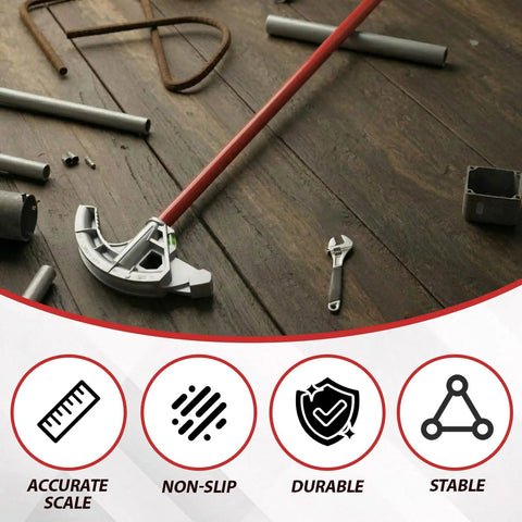 1 Inch Aluminum EMT Conduit Bender With Foot Pedal And Degree Marks Heavy Duty Manual Pipe Bending Tool on wooden surface with tools.