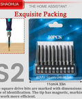 Pro Grade 11 Piece Square Drive Bit Set With 10 Number Two Square Bits And One Quarter Inch Magnetic Hex Shank Driver Two Point Three Inch Long SQ2 Alloy Steel Bits For Pocket Hole Jigs And Impact Drivers packaging.