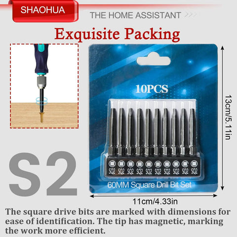 Pro Grade 11 Piece Square Drive Bit Set With 10 Number Two Square Bits And One Quarter Inch Magnetic Hex Shank Driver Two Point Three Inch Long SQ2 Alloy Steel Bits For Pocket Hole Jigs And Impact Drivers packaging.