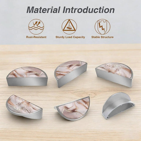 Rose Gold Blush Fluid Cabinet Pulls 2 Pack 3 Inch Center Hole Semi Circle Drawer Handles with marble agate patterns on wood