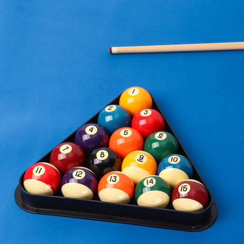 Black Plastic Billiard Rack Set For 8-Ball Triangle And 9-Ball Diamond Fits Standard 2 1/4 Inch Pool Balls with cue stick on blue table