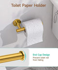 Brushed Gold 4 Piece Bathroom Hardware Set With 18 Inch Towel Bar And Toilet Paper Holder Wall Mounted SUS304 Stainless Steel Durable Bath Accessories Kit For Modern Homes showing toilet paper holder with end cap design