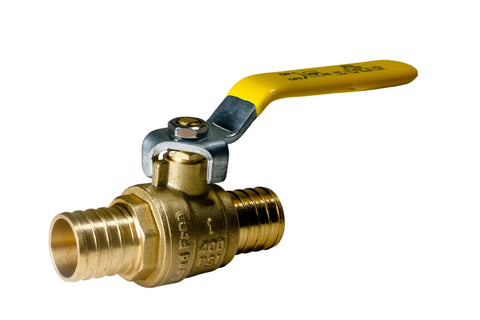 Single brass valve with yellow handle from 10 Pack PEX Barb 1 Inch Ball Valve With Yellow Handle, Full Port Brass Ball Valve For PEX Tubing, Easy On Off Flow Control, Leak Resistant, Durable Plumbing Fittings For Residential And Commercial Use