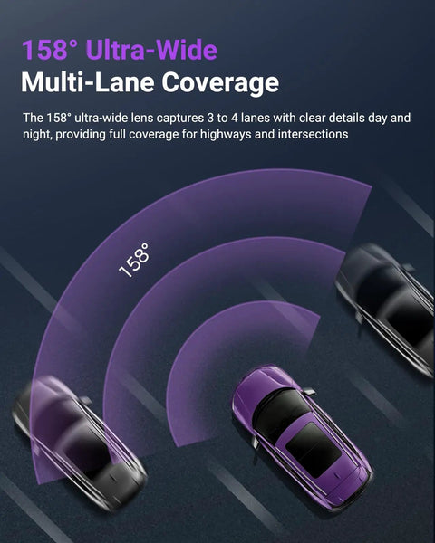 S1 Pro Front Dash Cam 2.7K Mini With STARVIS 2 Sensor showing 158-degree multi-lane coverage on a highway with cars