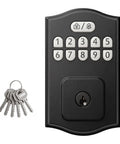 Slick Keyless Entry Door Lock With Keypad Electronic Deadbolt featuring a keypad and metallic keys for secure access.