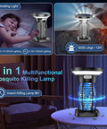 Solar Powered 3 In 1 Bug Zapper All In One Outdoor Mosquito Killer shown in various settings with night light and SOS light options.