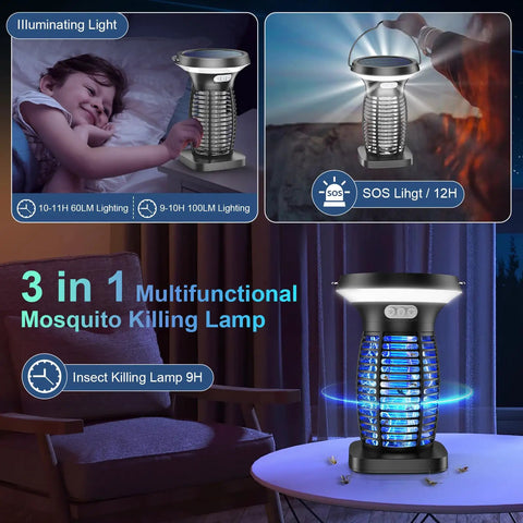 Solar Powered 3 In 1 Bug Zapper All In One Outdoor Mosquito Killer shown in various settings with night light and SOS light options.