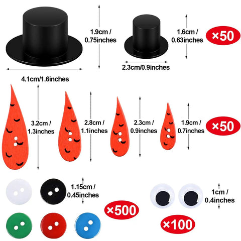 Awesome Christmas Craft Button Kit With 700 Pieces Includes 50 Mini Black Top Hats 50 Carrot Noses 100 Wiggle Eyes And 500 Mix Color Resin Buttons shown with measurements