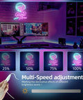 Neon Game Zone sign above gaming setup with brightness adjustment levels in blue and pink glow, 25% to 100%.
