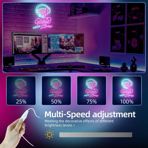 Game setup with pink neon sign and adjustable brightness levels