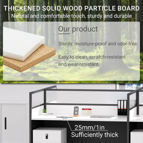 Heavy Duty Office Cubicle Workstation With Locking Filing Cabinet And No Sweat Cable Routing Featuring Privacy Panels Sound Blocking Dividers Kick Butt Sturdy 700 Lb Frame Zero Wobble Top Shelf Quiet Workspace Setup showcasing thickened solid wood particle board.