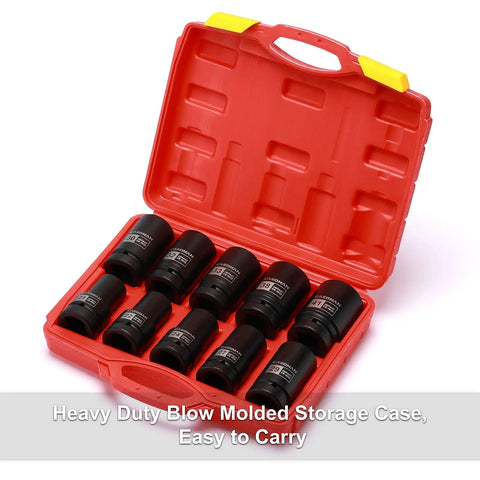 Ten Piece 1 Inch Drive Deep Impact Socket Set Metric Chrome Molybdenum Steel 21mm To 41mm Deep Well 6 Point Axle Nut Sockets For Automotive And Garage Use