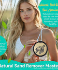 Woman holding Beach Sand Remover Wipe Mitt For Easy Cleanup On The Go Family Friendly Sand Eraser Quick Dry Beach Day Essential Travel Must Have For Vacations And Cruises Towels Gear For All Ages in garden setting.