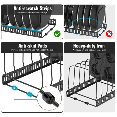 Expandable Cutting Board And Bakeware Organizer Rack with 14 Adjustable Dividers, anti-scratch iron, and anti-skid pads.