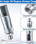 right angle grease gun coupler 1/8 NPT with no leak seal and 1/8 inch NPT threads, suitable for precision lubrication