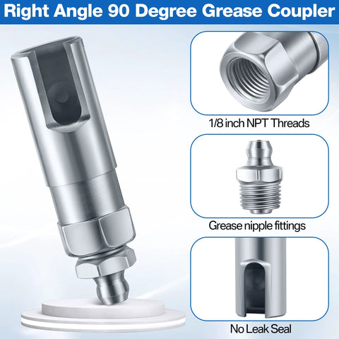 right angle grease gun coupler 1/8 NPT with no leak seal and 1/8 inch NPT threads, suitable for precision lubrication