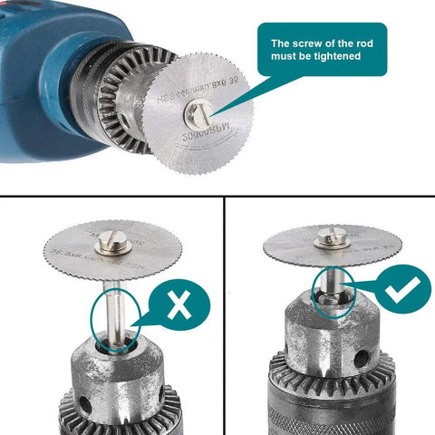Image showing setup of Eight Piece Rotary Drill Saw Blades Set With One Eighth Inch Shank For Most Rotary Tools HSS Steel Disc Cutters.