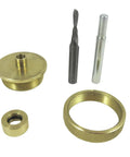 Premium Router Inlay Kit Featuring Solid Brass Guide Bushings Plus One Eighth Inch Carbide Downcut Bit components including brass guide, bit, and spacer.
