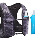 Unisex Hands Free Running Hydration Vest With 500ml Soft Flask in Black Camo, adjustable straps, showing front and flask