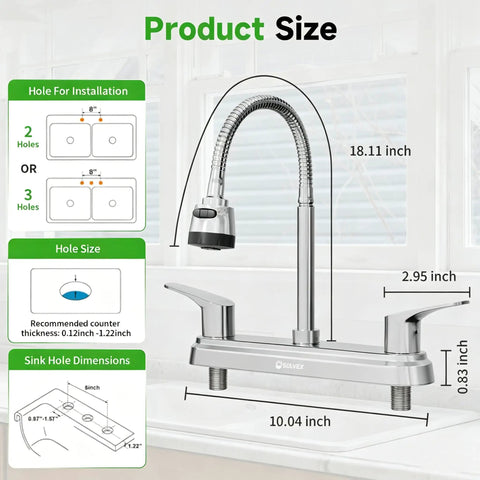 Top Shelf Two Handle Kitchen Faucet Featuring Slick High Arch Curve And Full 360 Swivel Motion Built With Rust Resistant Stainless Steel And Polished Chrome for installation size overview.