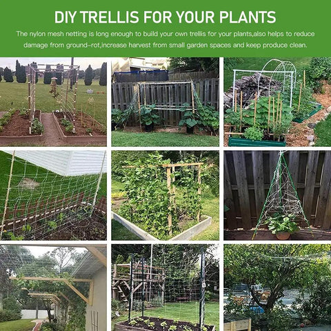 Heavy-Duty Garden Trellis Netting For Climbing Plants in various garden settings, showing diverse usage in 6x15ft size