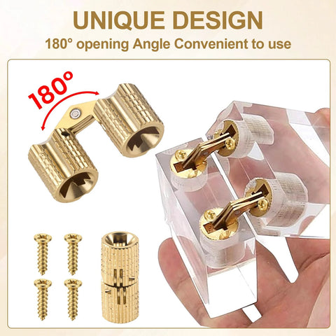4 Pack Hidden Brass Barrel Hinges 8mm, 180 Degree Concealed Hinges In Gold for Jewelry Boxes Cabinets Furniture and Wooden Cases.