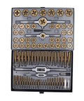 Premium Titanium Plated Tap And Die Threading Tool Kit For Heavy Duty Metal Work Includes Integrated Taps With Dies For Damaged Thread Repair And Custom Multi Scene Operations Perfect For Manual Offline Shop Projects That Need Precision And Durability. open case with taps, dies, and handles