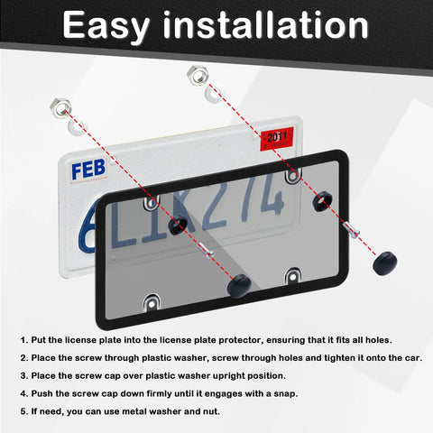 Gray Framed Bubble License Plate Cover Set 2 Pack Curved ABS Shield For 12x6 US Plates, installation instructions guide.