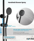 Top Shelf 304 Stainless Steel Outdoor Shower Kit With 8 Inch Rainfall Head And Handheld Sprayer In Slick Matte Black Finish, close-up of handheld shower spray with rubber nozzle.